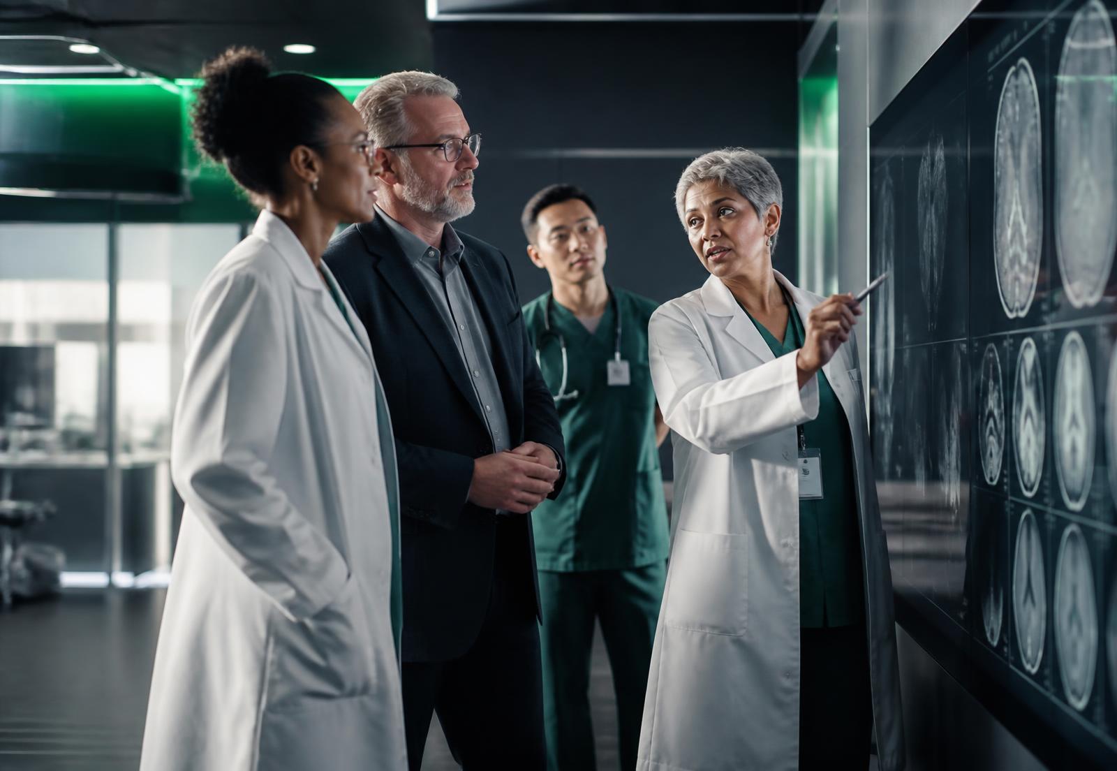Clinical and executive leaders reviewing medical imaging together